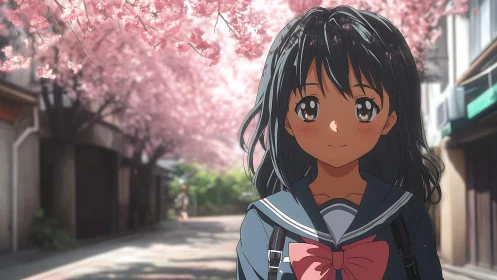 Soft spring morning welcomes a shy schoolgirl beneath blossoms