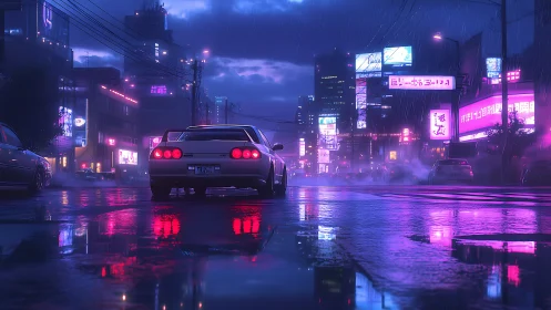 Neon-soaked cyber-avenue with retro coupe under rainfall.