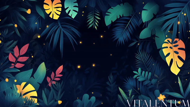 Glowing jungle leaves circling a calm midnight clearing.