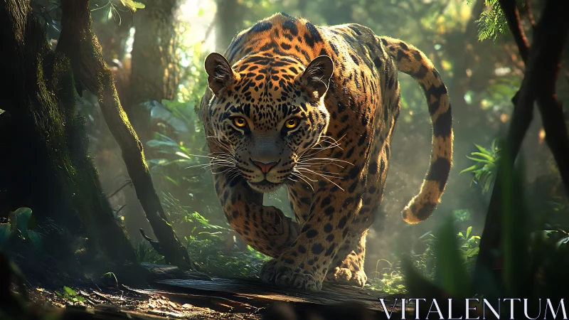 Jaguar Prowls Forest. Golden Sunlight Filters Dense Jungle Canopy.