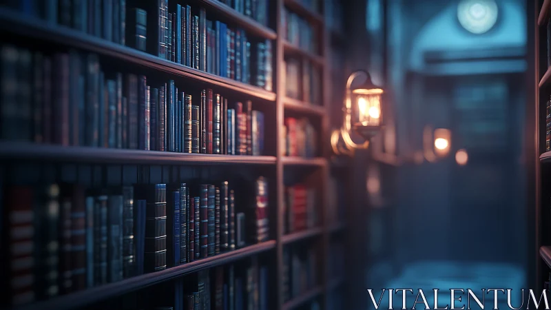 Lantern lit corridor library in moody cinematic focus.