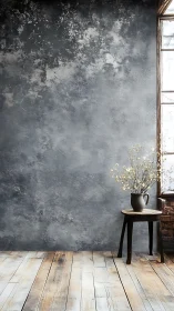 Weathered interior wall with stool, vase and window light.