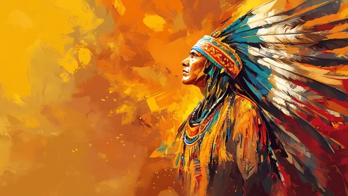 Profile portrait shows person in feathered headdress looking upward