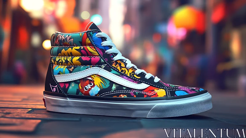 High-top sneaker with multicolor comic graphics in street scene.
