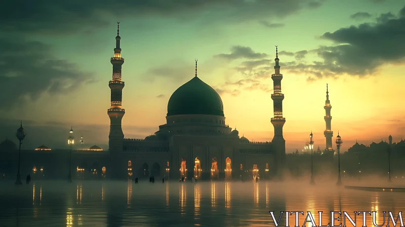Green-domed mosque glows through mist at golden sunrise