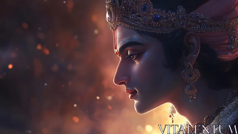 Regal profile of jeweled monarch glows in warm light.