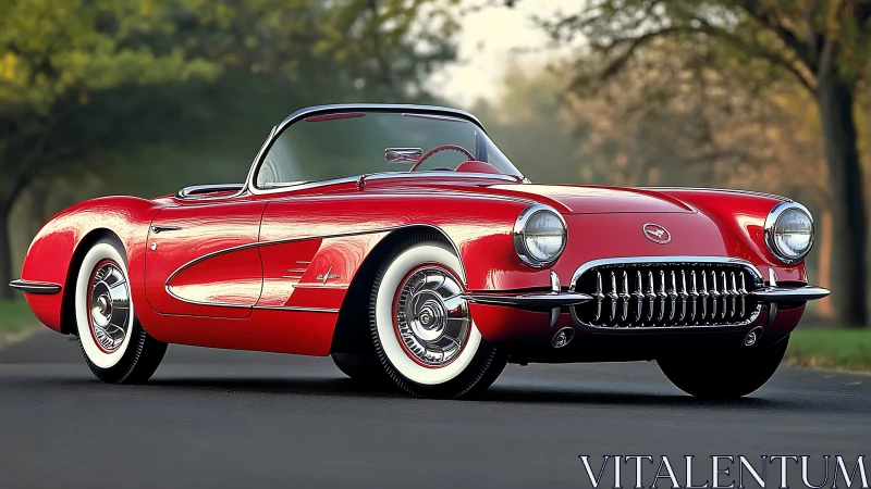 Red vintage convertible is parked on a paved roadway