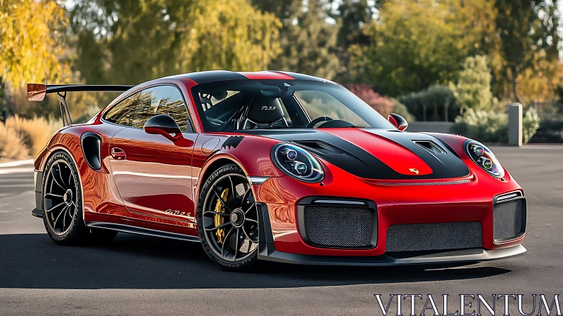 Sunlit red supercar poised for an easygoing city escape.