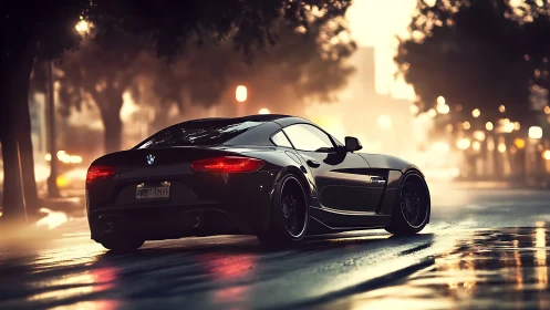 Midnight city streets cradle a sleek black sports coupe.