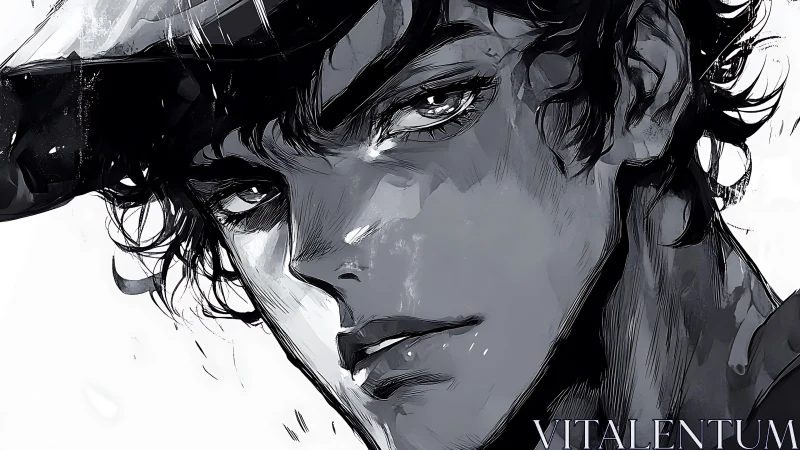 Brooding monochrome portrait of young man in profile.