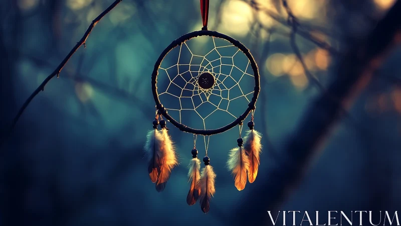 Soft-lit forest dreamcatcher guarding twilight hush.