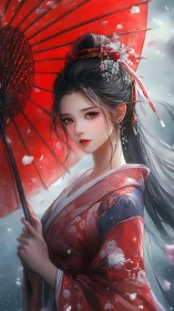Geisha portrait with crimson umbrella and drifting petals