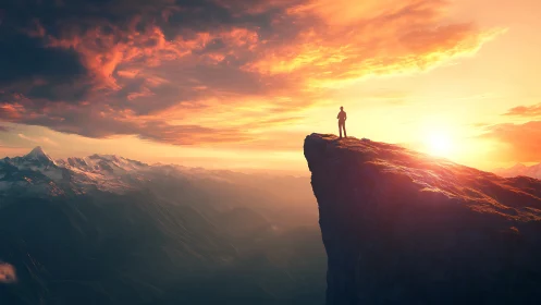 Person on cliff edge overlooking wide mountain sunset.