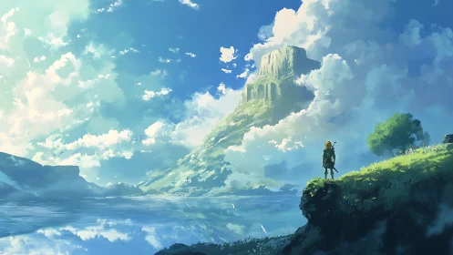 Solitary adventurer surveys luminous lake and monumental peak