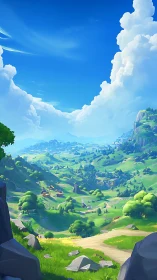 Sunlit valley stretches under bright clouds and open sky