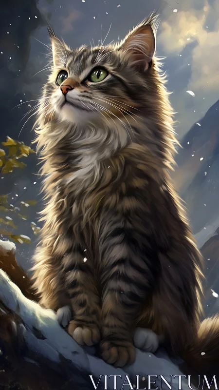 Longhaired tabby cat watches drifting snow in soft light.