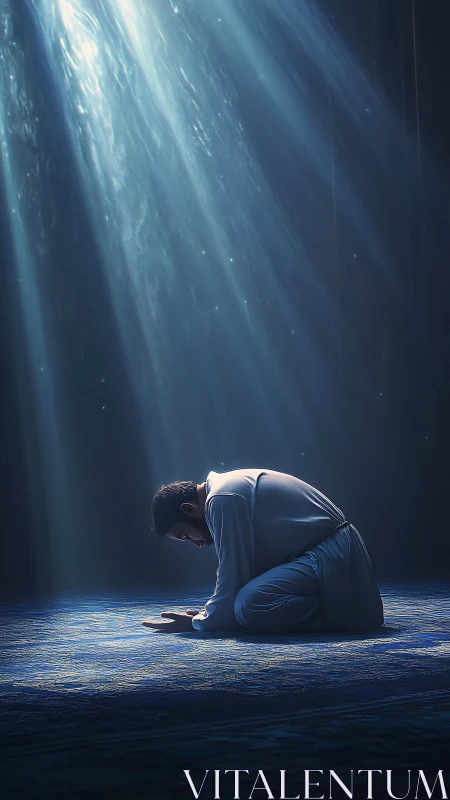 Solitary worshipper kneels under volumetric celestial light