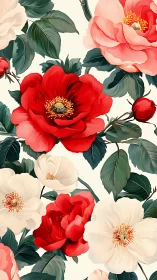 Romantic Garden Peonies and Roses Bloom in Vibrant Red and Cream