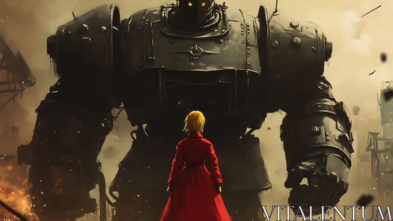 Small figure confronts towering armored robot in ruins.