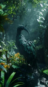Photorealistic leaf-plumage rainforest bird on wet mossy rock