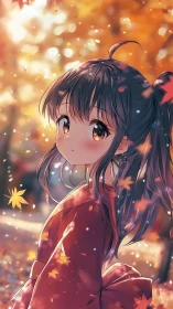 Anime autumn portrait with luminous bokeh and leaf motion framing.