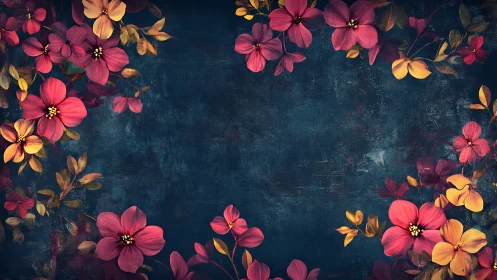 Vibrant Floral Border with Red and Gold Blooms Against Dark Blue.