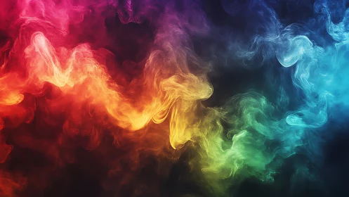Vivid rainbow smoke swirls dance across a dark background.