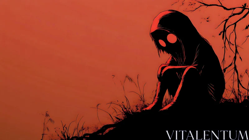 Hooded figure with glowing eyes sits in stark red silence.