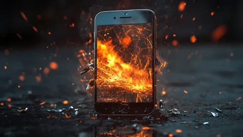 Smartphone Erupts in Flames with Explosive Orange Fire.