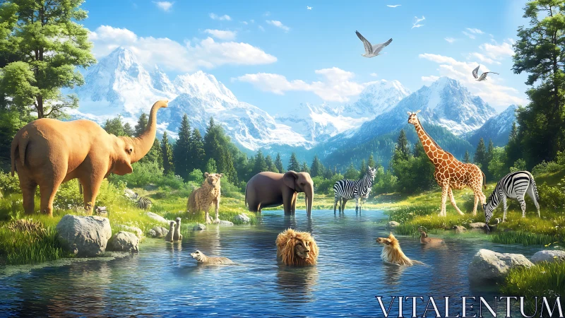 Multiple savanna animals stand by a clear river in mountains