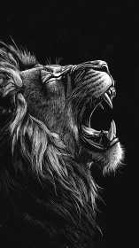 Monochrome profile study of roaring lion with exposed canines.