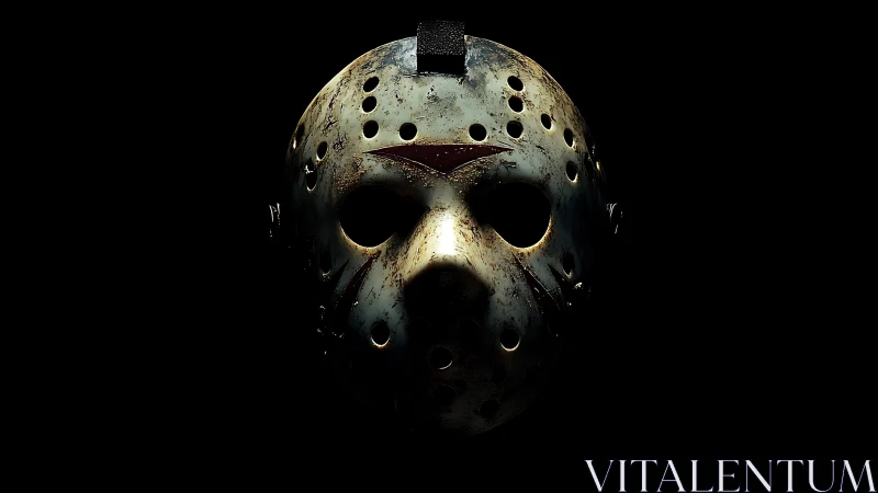 Weathered hockey mask emerges from darkness in eerie focus