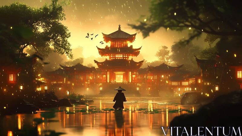 Samurai silhouette before glowing riverside pagoda temple.