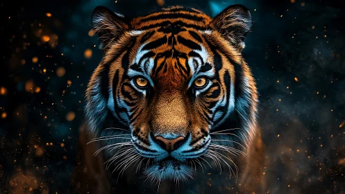 Tiger portrait with intense gaze in glowing dark scene.