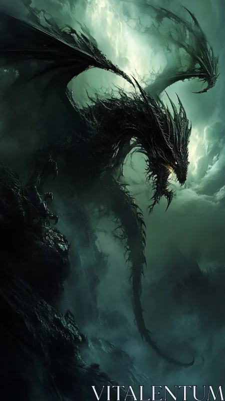 Storm-lit shadow dragon coils through misty, haunted skies