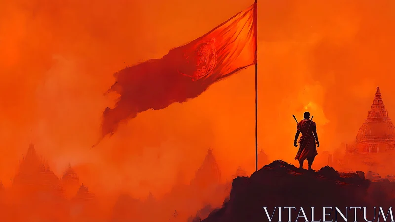 Lone warrior guards a blazing citadel beneath a defiant banner
