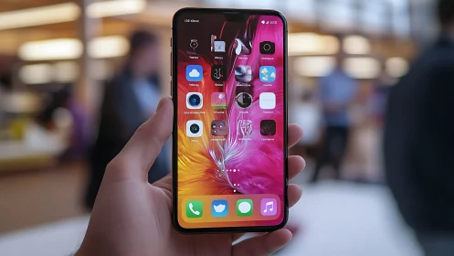 Hand holding iPhone displaying vibrant pink and magenta home screen wallpaper.