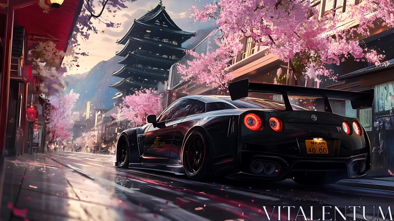Modified Nissan GT-R under cherry blossoms in wet neon-lit Tokyo street