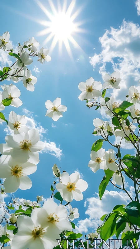 Upward perspectival composition of white flowering dogwood blooms against bright solar illumination 