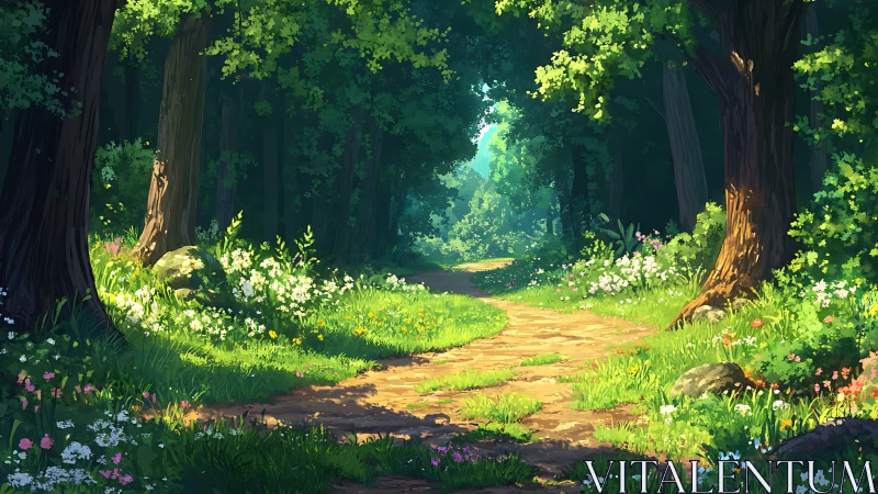 Sunlit Path Through Ancient Forest Cathedral.