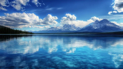 Cloud-kissed mountain lake where calm skies meet water.