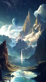 Fantasy matte painting of celestial waterfalls and spires.
