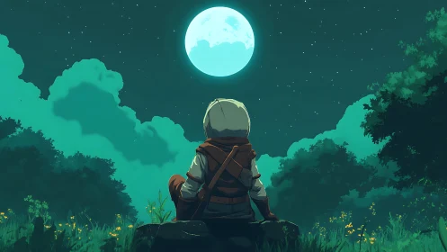 Solitary cloaked figure observing overscaled moonlit night sky