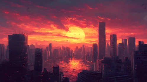 Sun-drenched neon skyline drowning in molten twilight glow.
