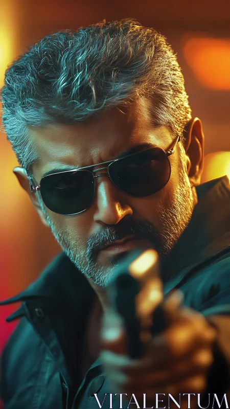 Commanding action hero locks aim with cool, unshaken focus