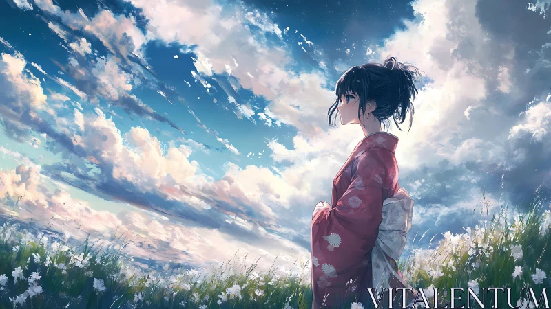 Girl in red kimono dreaming beneath a wide summer sky.