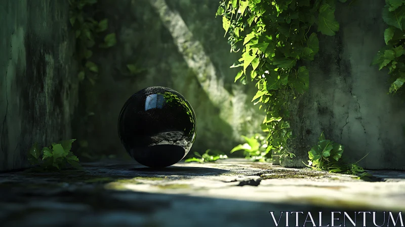 Quiet black sphere resting in a sunlit, overgrown corner.