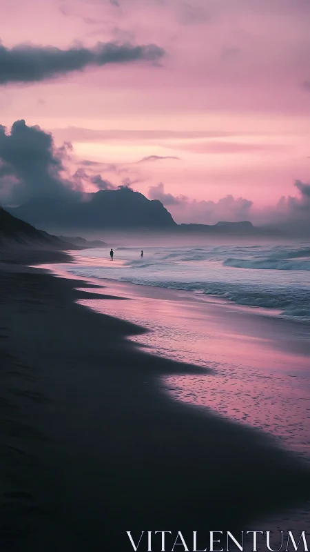 Pink dusk shoreline with silhouetted figures and receding tidal surf