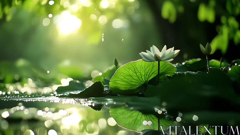 White lotus blooms in misty green pond light at sunrise.