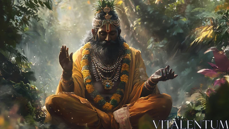 Sunlit forest sage in deep golden meditation stillness.